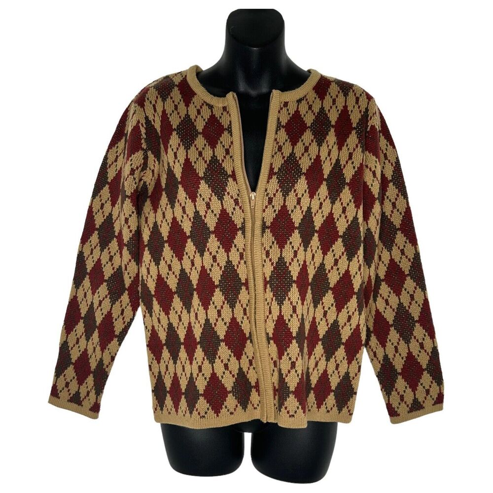 CLASSIC ELEMENTS Womens Vintage Brown Argyle Zip Cardigan‎ Size Petite Small